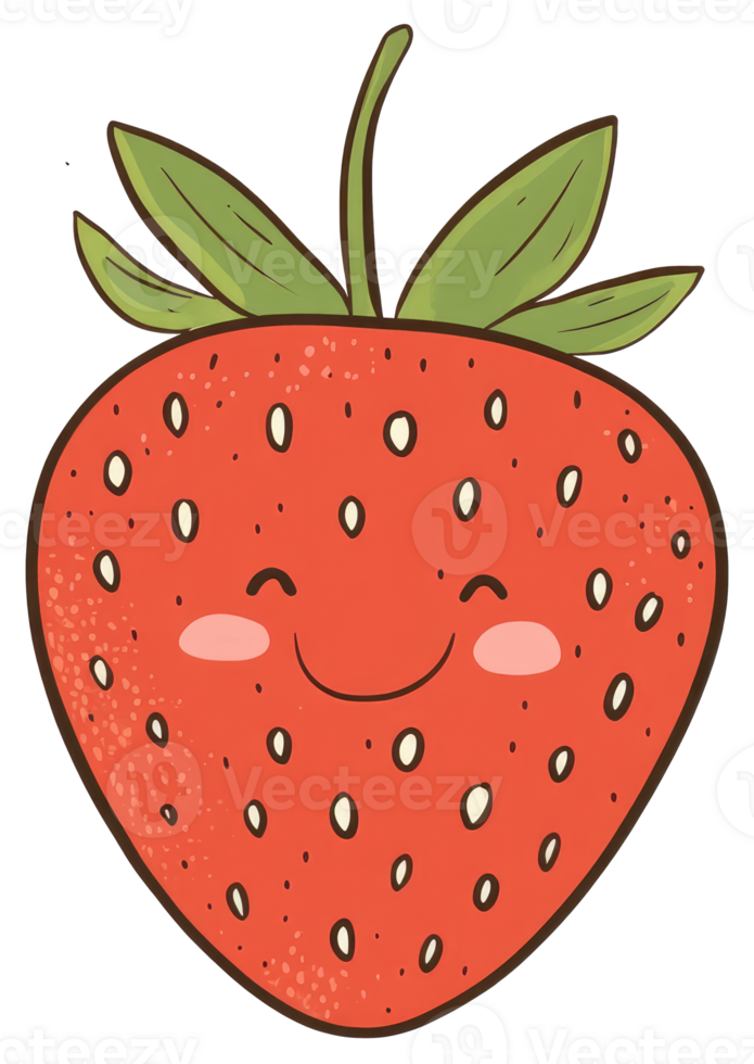 A happy cartoon strawberry with green leaves and a friendly face png