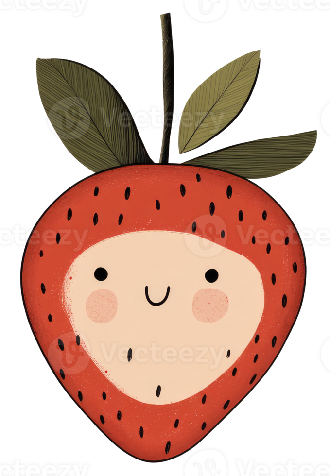 A charming cartoon strawberry with a friendly and happy face png