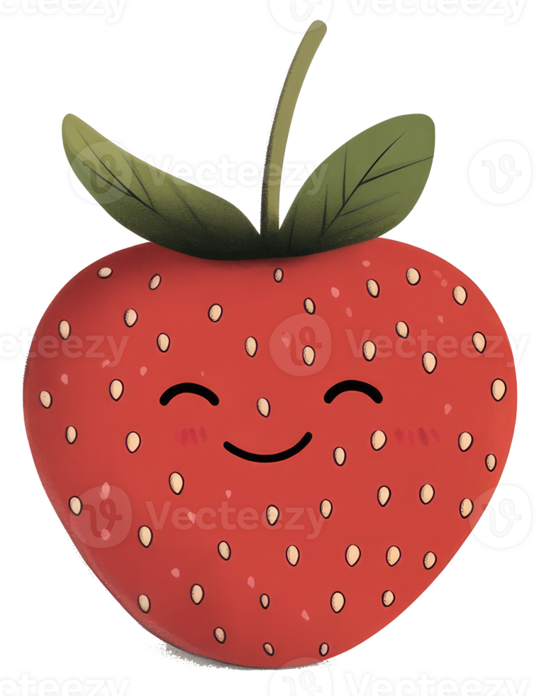 A smiling cartoon strawberry with leaves and seeds on a white background png