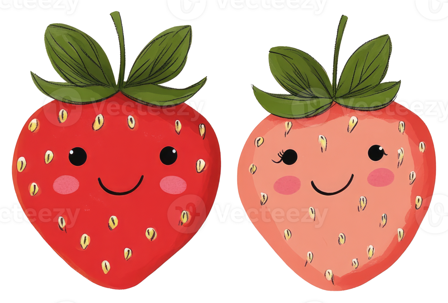 Two happy cartoon strawberries with green leaves and smiling faces png