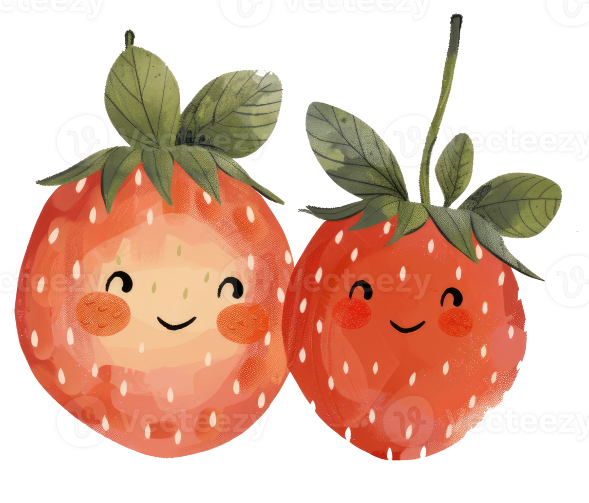 Two smiling cartoon strawberries with green leaves and stems png
