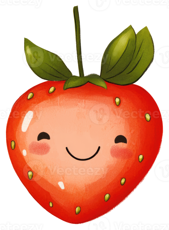 A happy red strawberry with smiling face and green leaves png