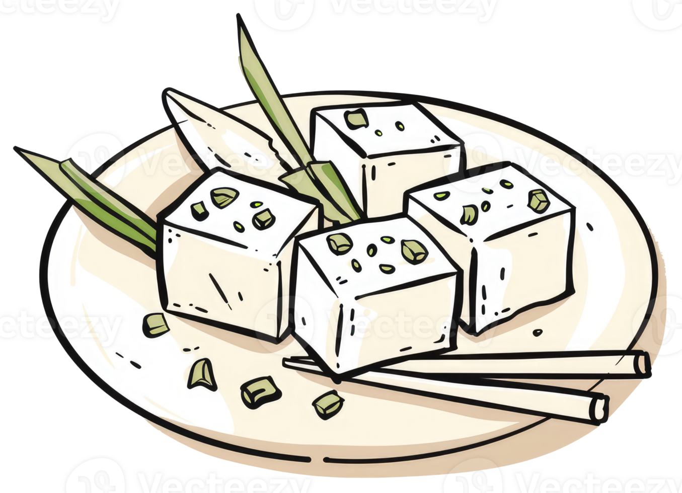 An illustrated plate of tofu cubes with green garnishes png