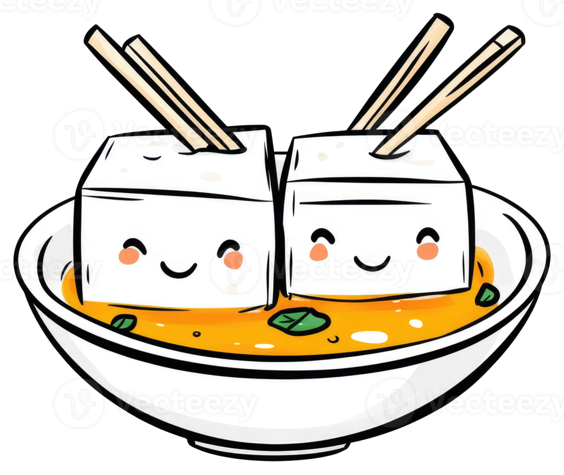 Smiling Cartoon Tofu Cubes with Chopsticks in a Soup Bowl png