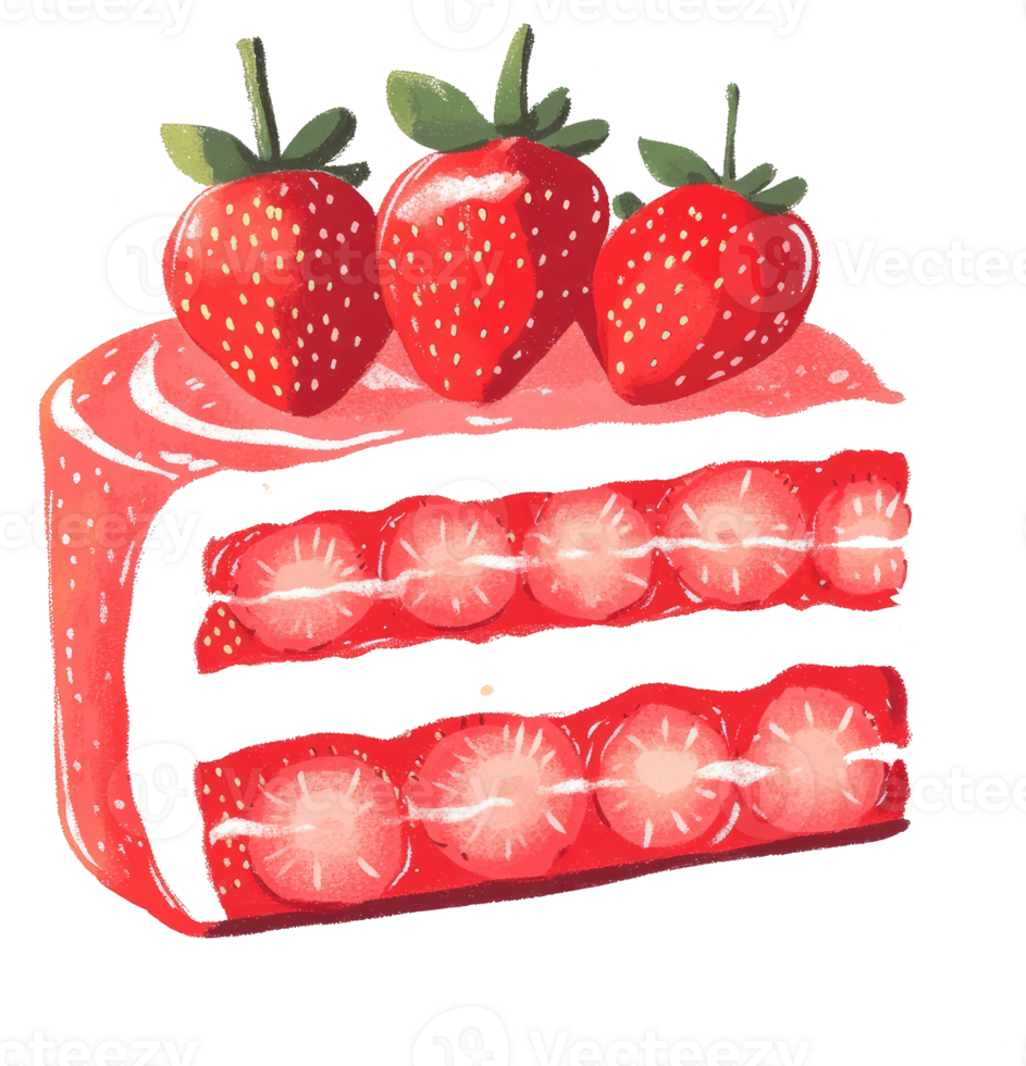 A delicious strawberry cake slice with three berries on top png