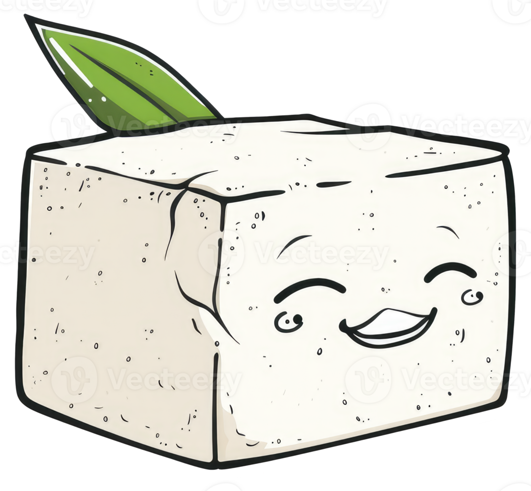 A happy tofu block smiling with a green leaf on top png