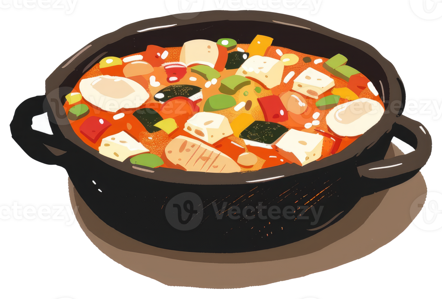 A colorful illustration of stew simmering in a dark bowl png