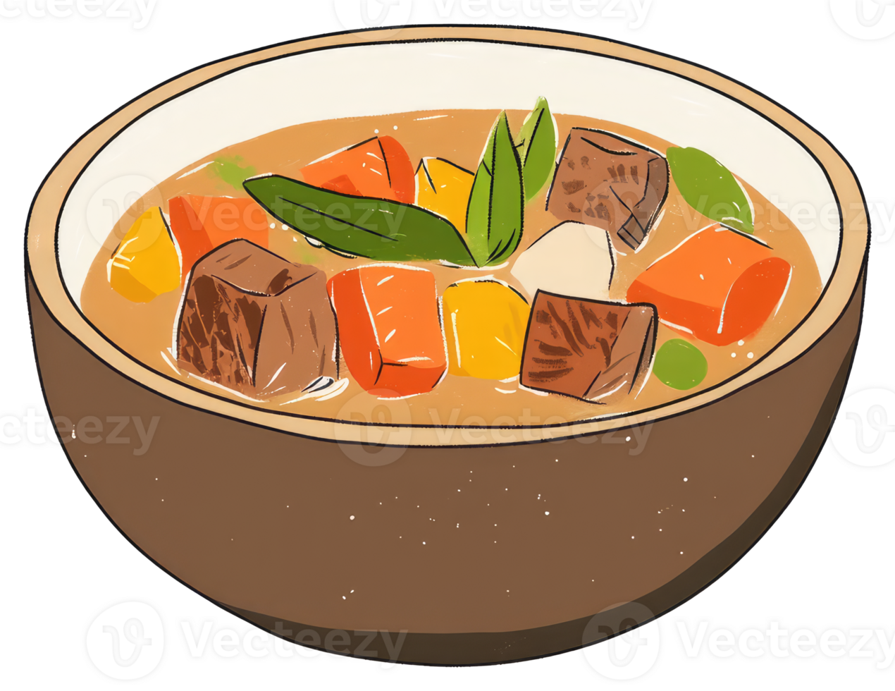 A ceramic bowl of delicious stew with vegetables and meat png