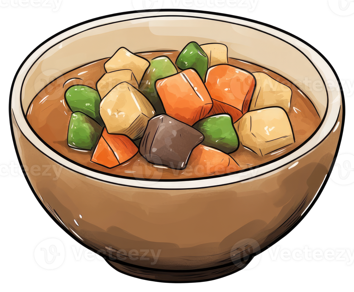A bowl of stew with different colorful vegetable pieces png