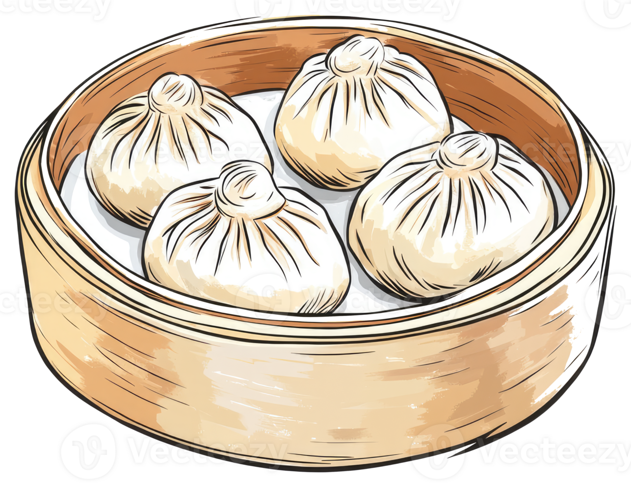 Four delicious dumplings steaming inside of a bamboo container png