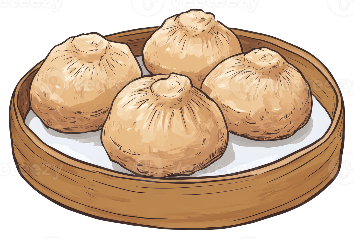 Four Steamed Dumplings Placed In A Round Bamboo Steamer png