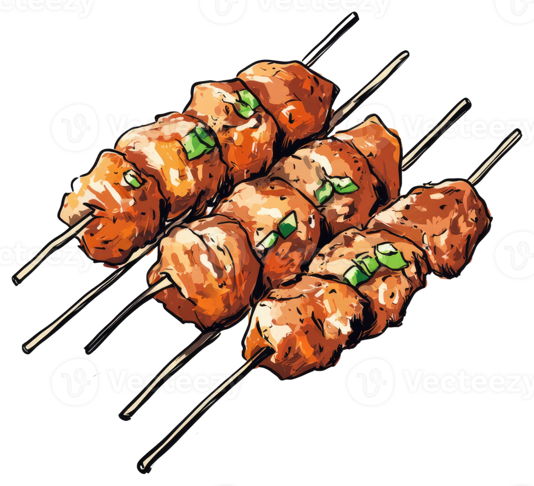 Several skewered meat portions with green garnish ready for eating png