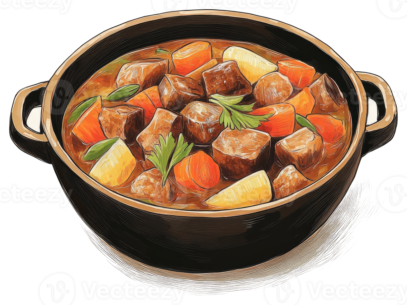 A pot of stew is filled with vegetables and meat png