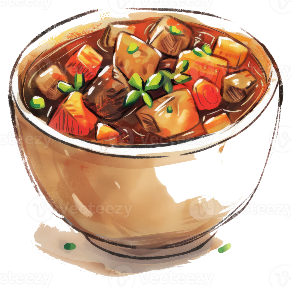 A bowl of stew with assorted vegetables and herbs png