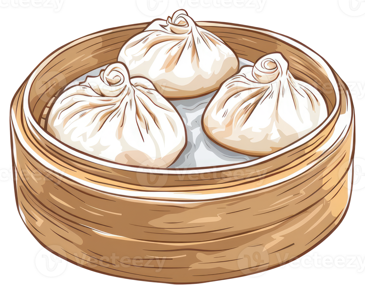 Delicious steamed dumplings presented in a traditional bamboo steamer container png