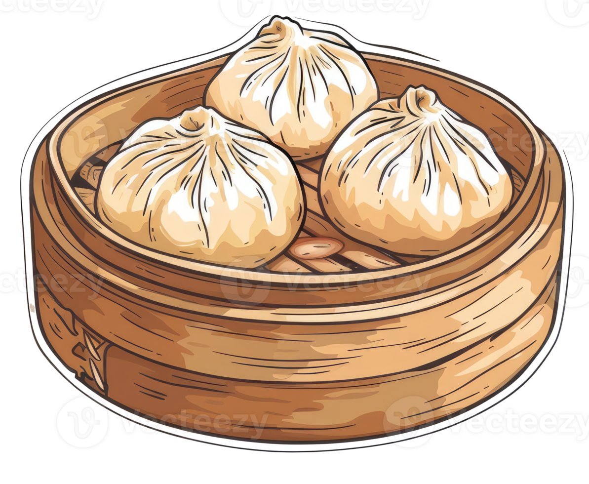 Steaming bamboo basket of delicious savory asian dumplings is pictured png