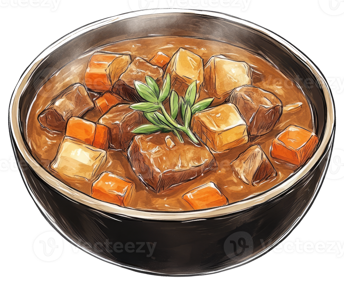 A black bowl filled with hearty stew and garnish png