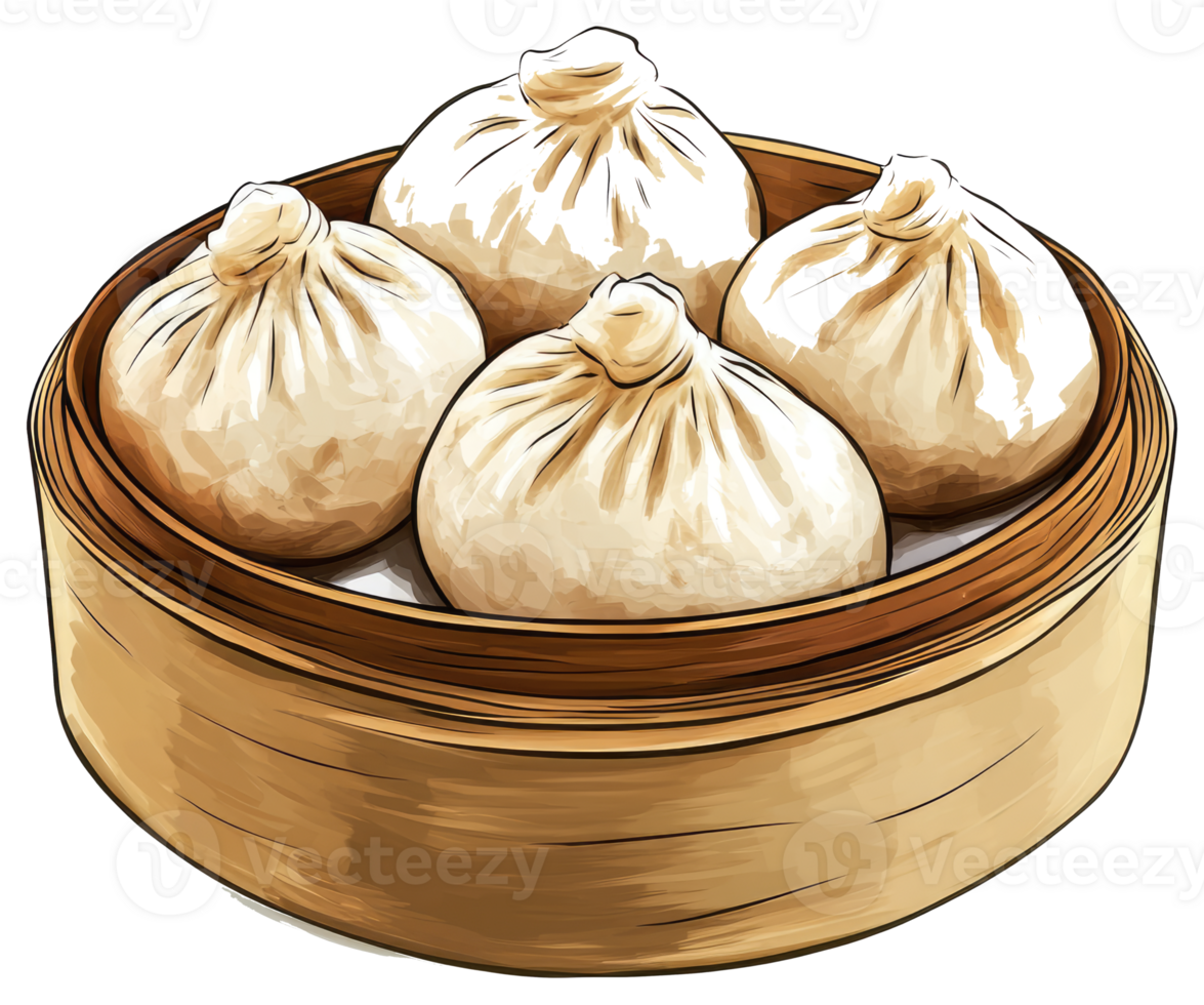 Four steamed dumplings arranged inside a bamboo steamer basket png
