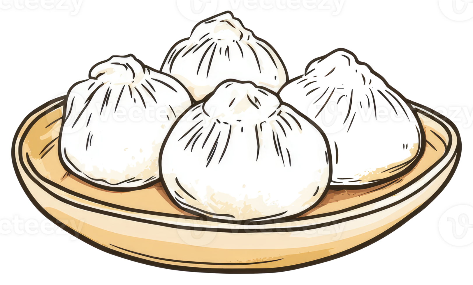 Four steamed buns sitting on a light brown plate png
