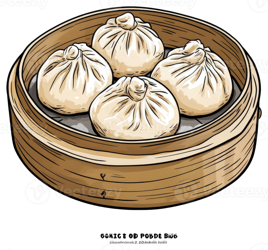 A wooden steamer holds four delicious looking filled dumplings png