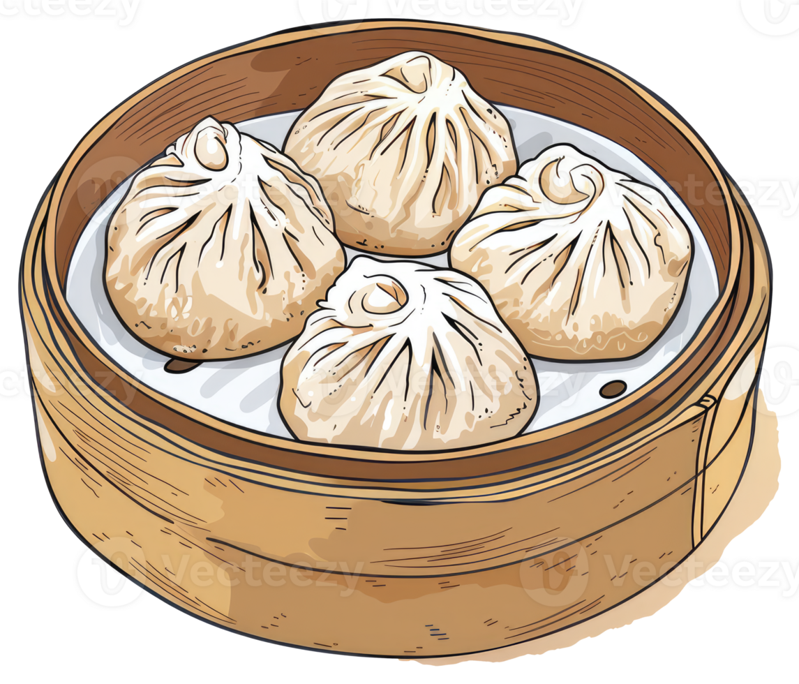 Four tasty steamed dumplings inside of a round bamboo steamer png
