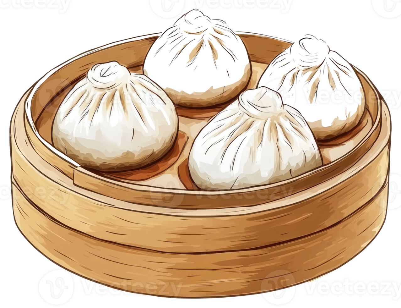 Four steamed dumplings presented in a bamboo steamer container png