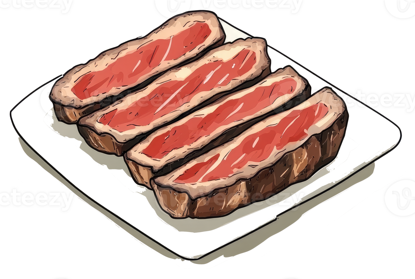 Sliced steak arranged artistically on a white rectangular plate png