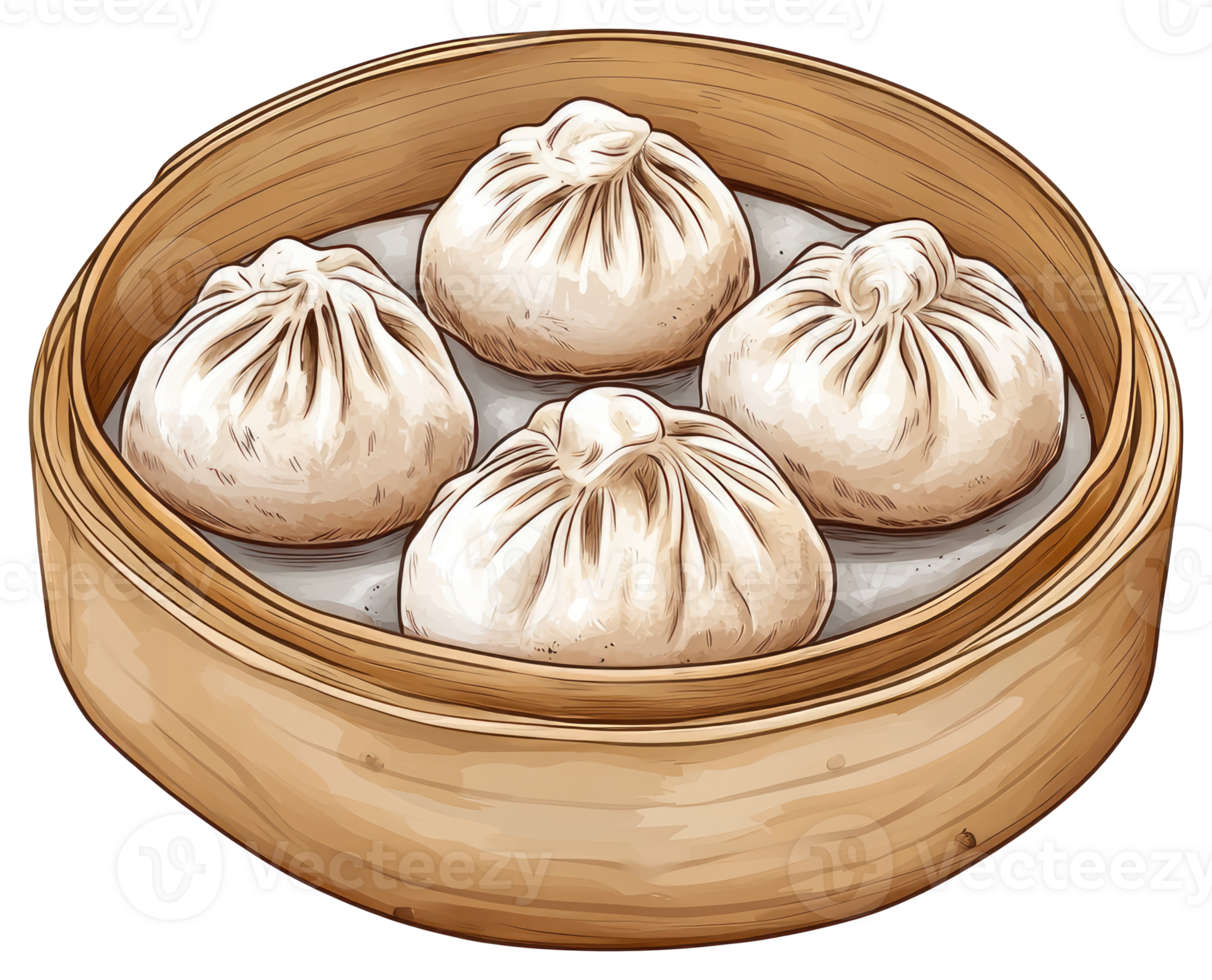 Steaming basket with four delicious looking dumpling style appetizers png