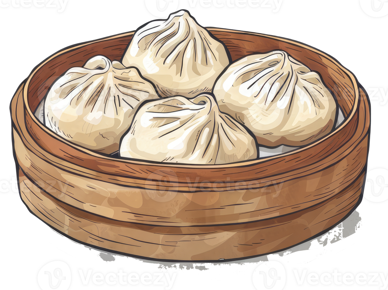 A collection of steamed dumplings in a wooden basket png