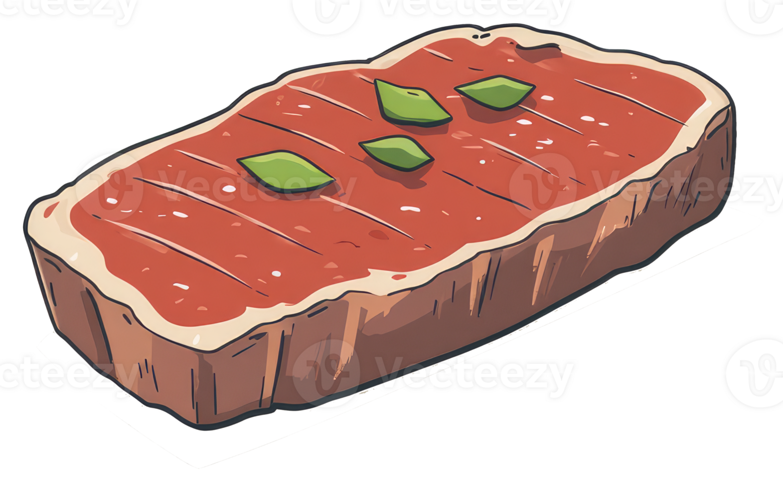 A cartoon image of a cooked steak garnished with leaves png
