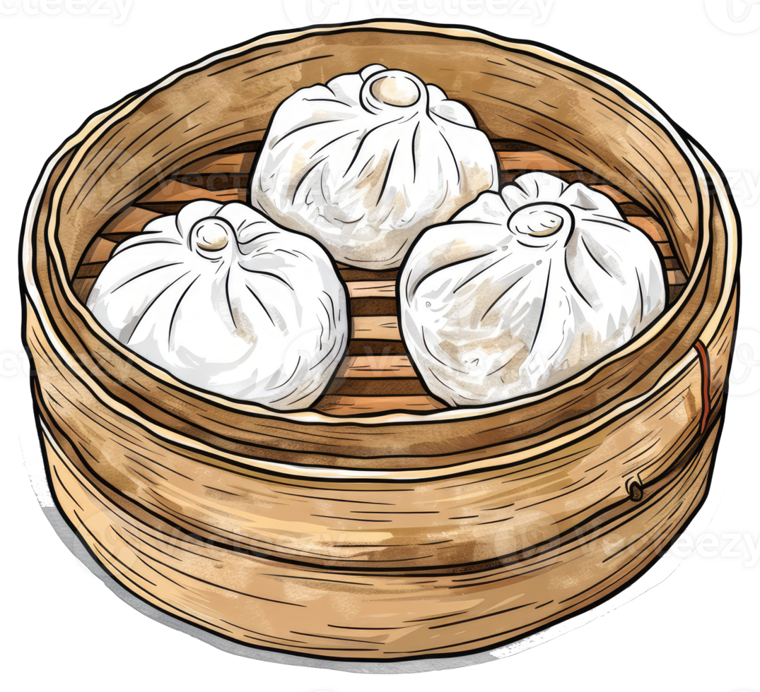 A bamboo steamer filled with three delicious steamed dumplings png