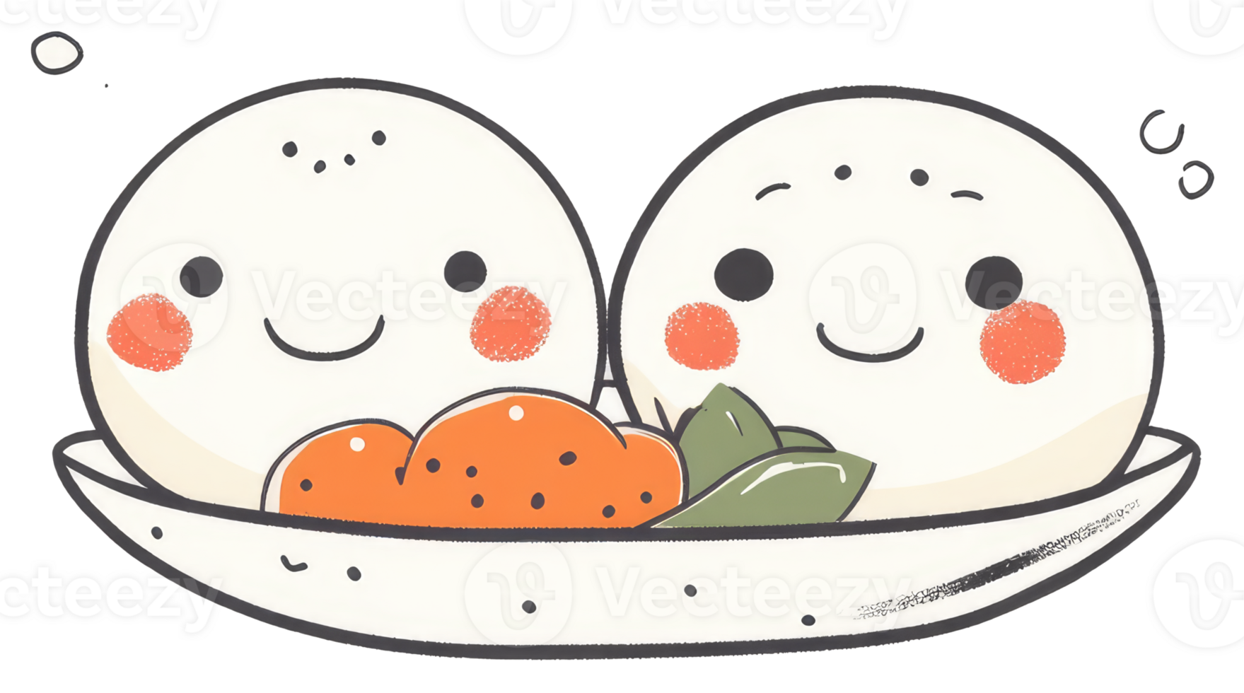 Two smiling cartoon food items in a decorative serving dish png