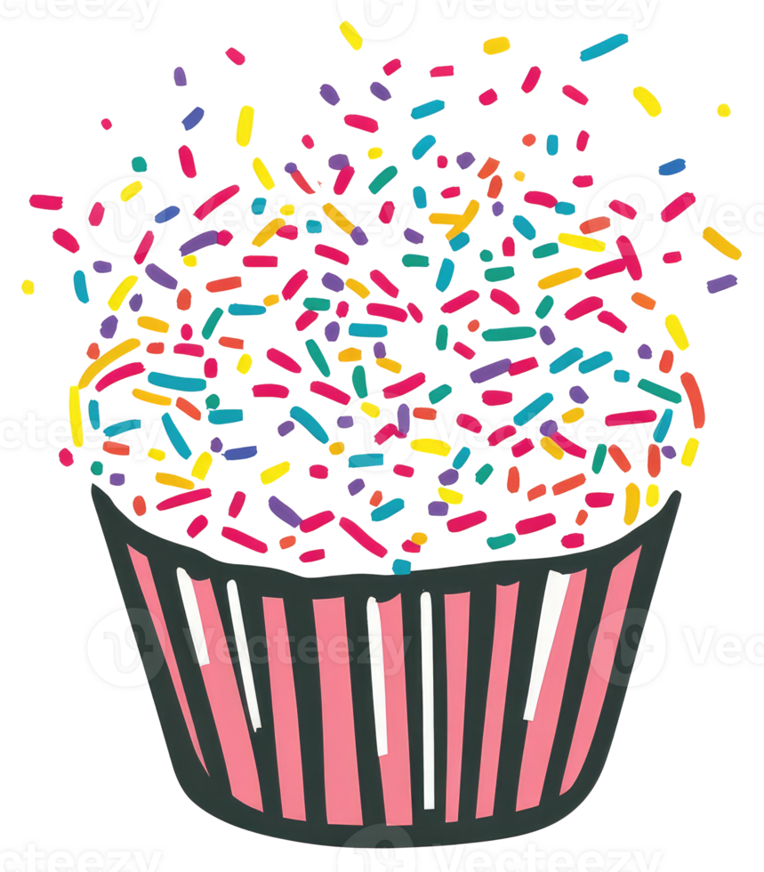 A colorful cupcake with sprinkles and a striped paper wrapper png