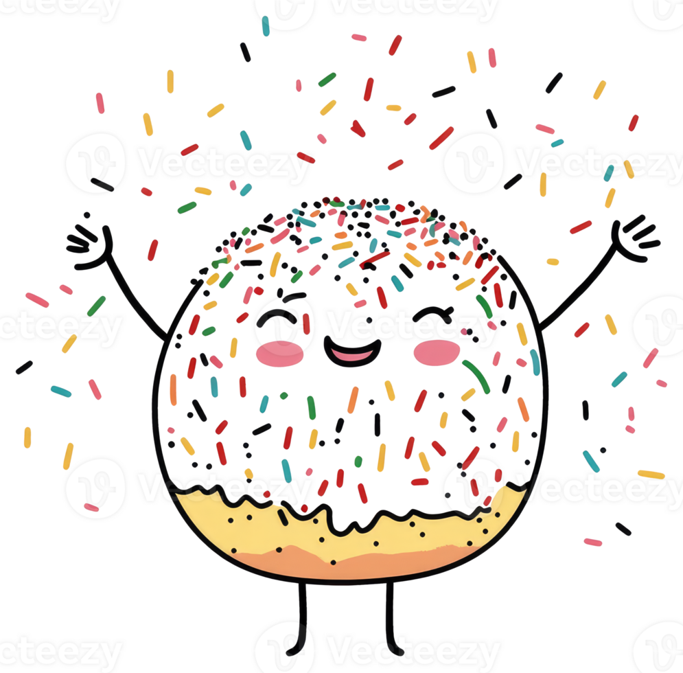 A joyful cartoon donut character covered with colorful sprinkles png