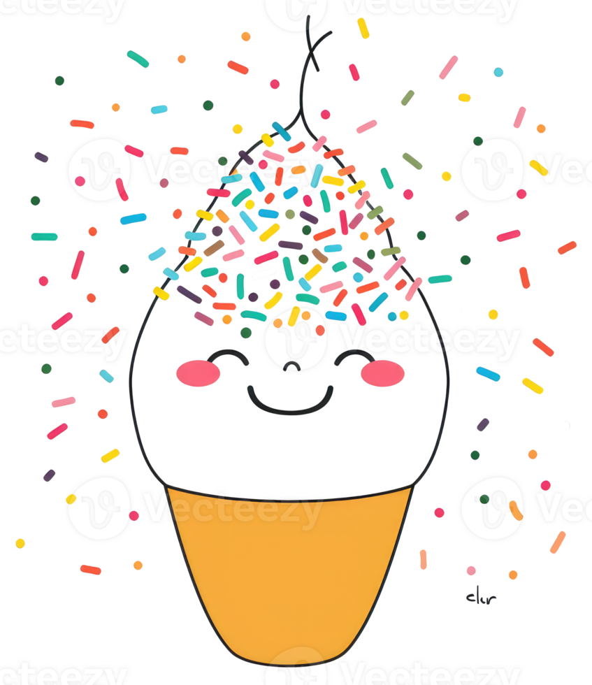 An illustrated smiling ice cream cone with colorful sprinkles png