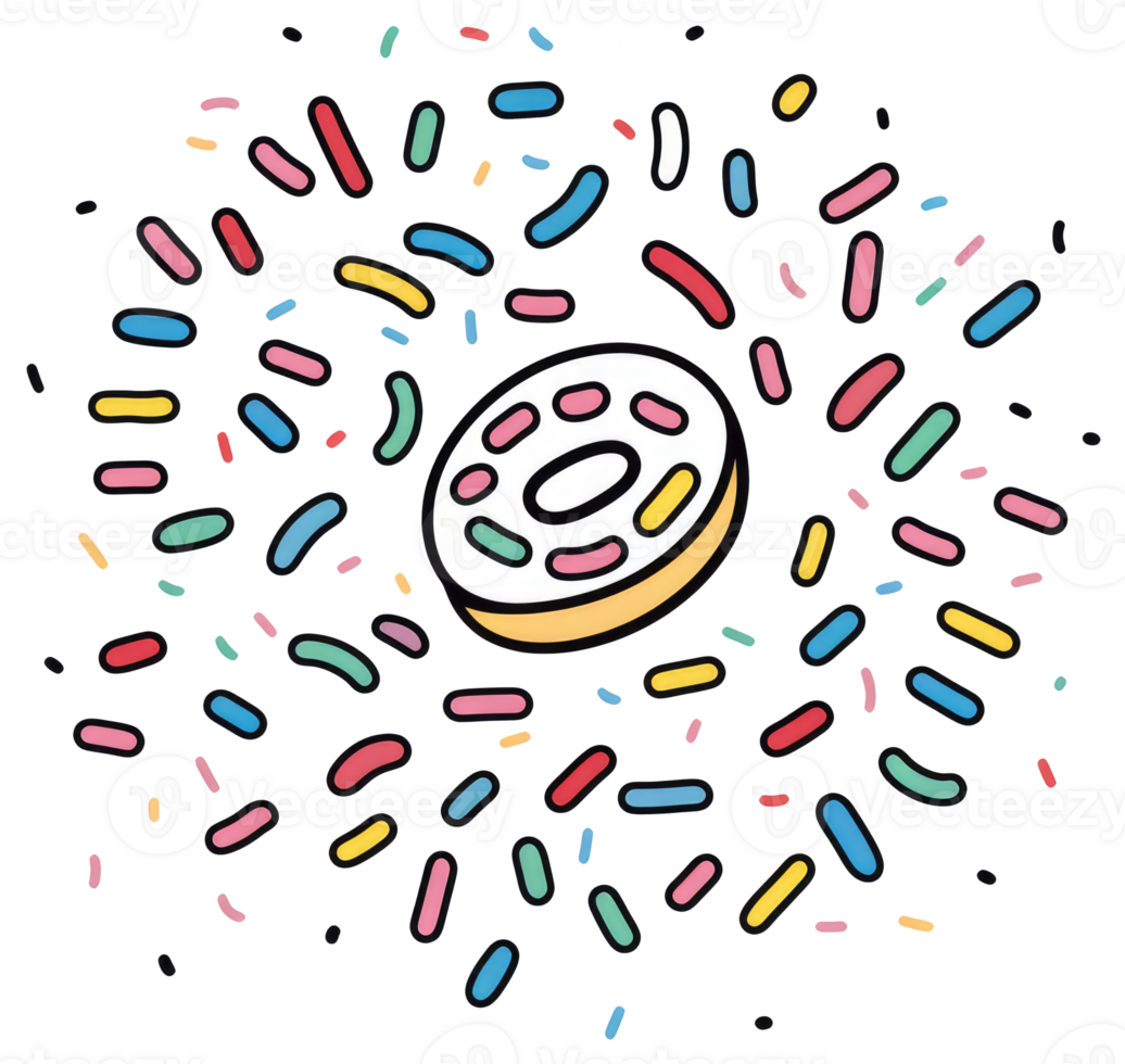 A colorful donut with sprinkles floating around it png