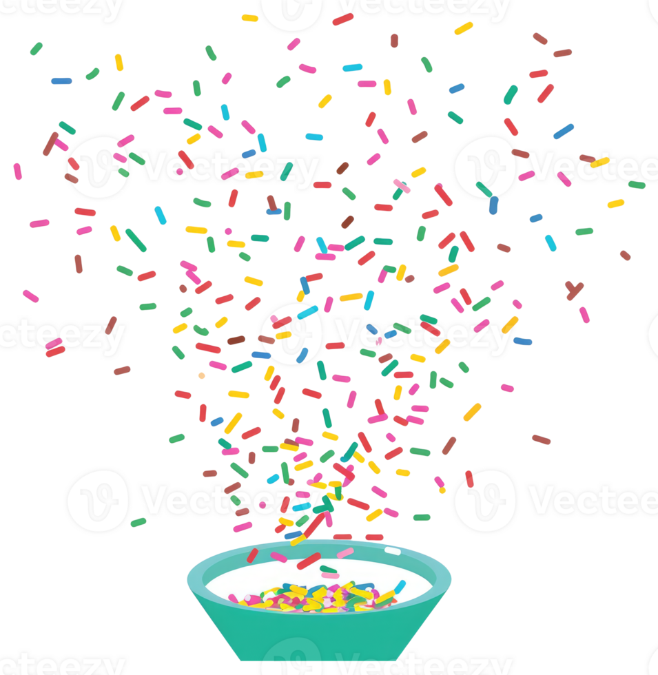 Colorful sprinkles are falling into a turquoise bowl with sprinkles png