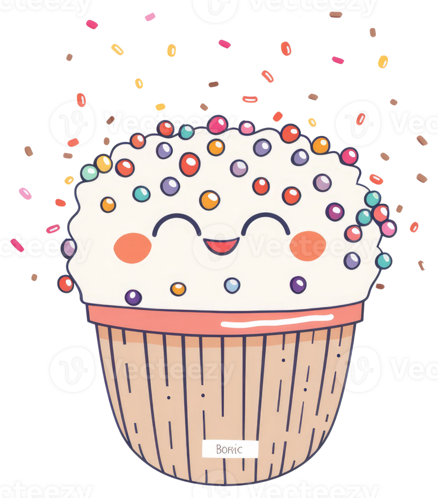 A happy cupcake decorated with colorful sprinkles and frosting smiling png