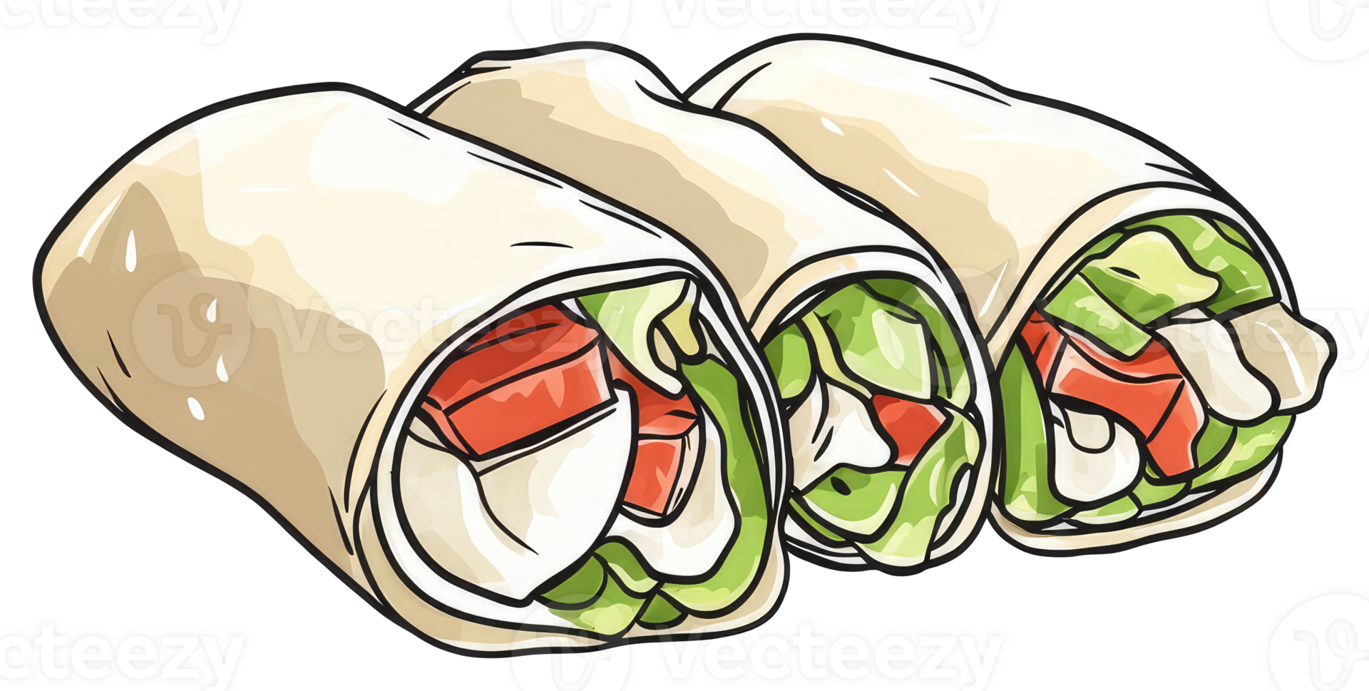 Three hand drawn wraps with vegetables are arranged together png