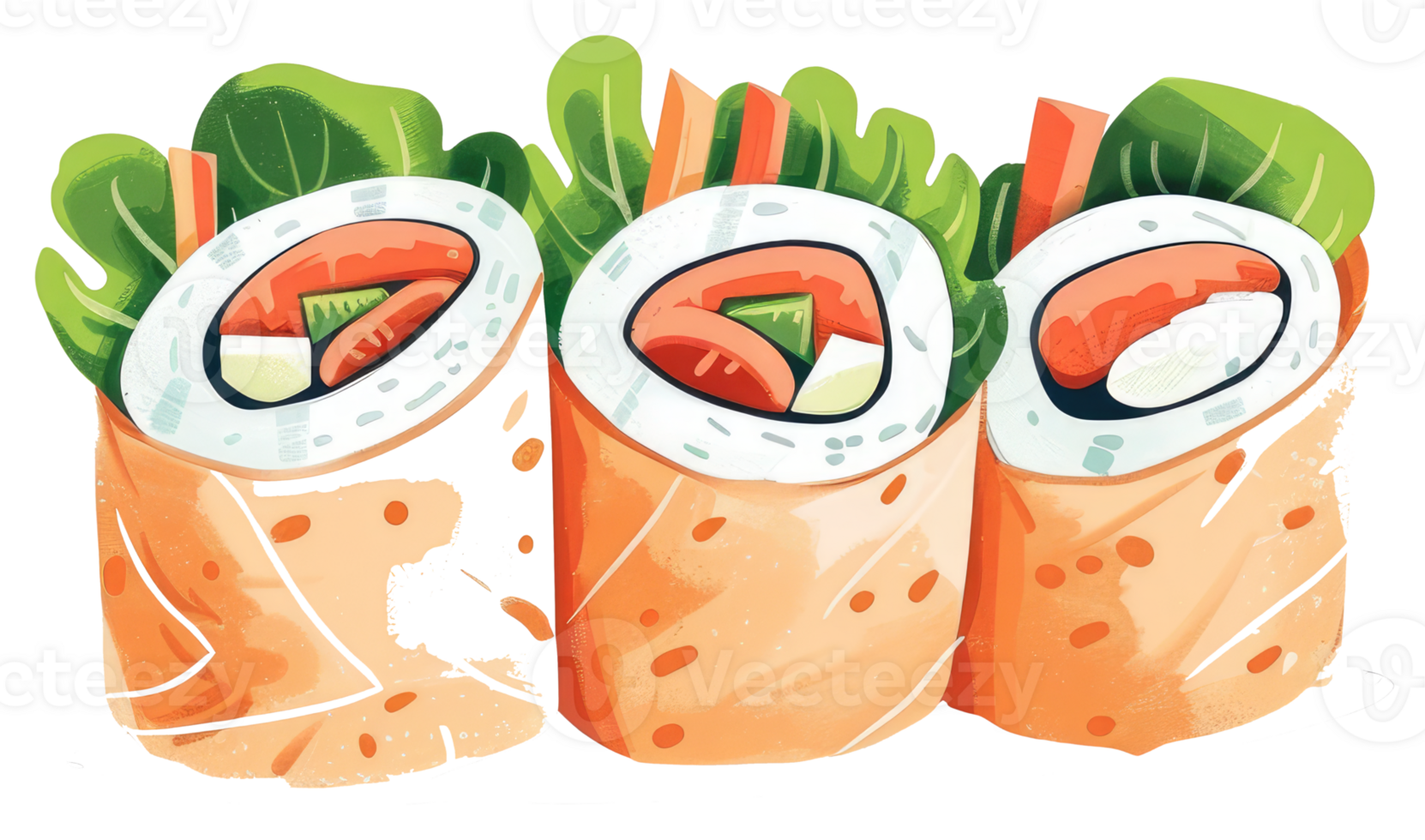 Three freshly prepared sushi rolls with various ingredients displayed png
