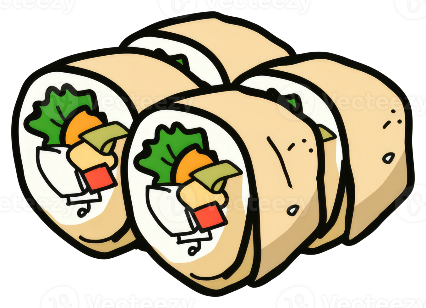 A collection of illustrated sushi rolls with various ingredients shown png