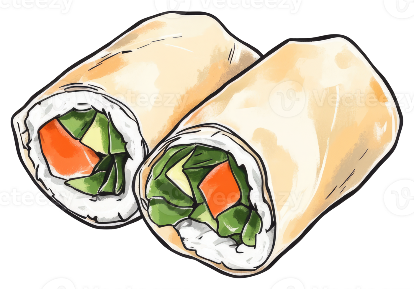 Two fresh colorful spring rolls filled with vegetables are presented png