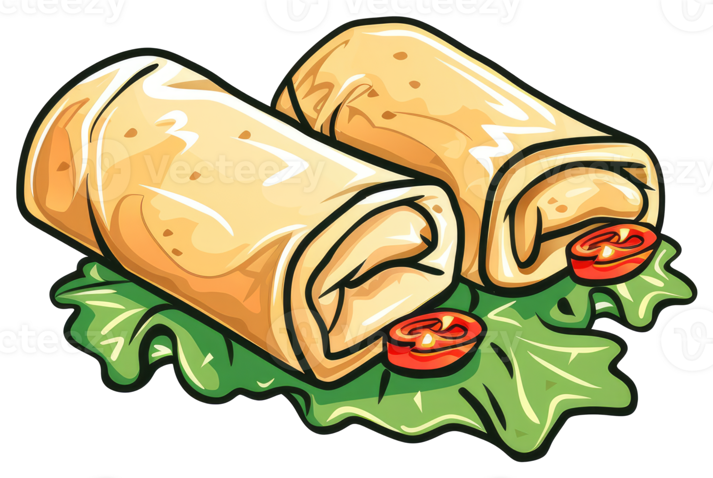 Two rolled food items are displayed with lettuce and tomatoes png