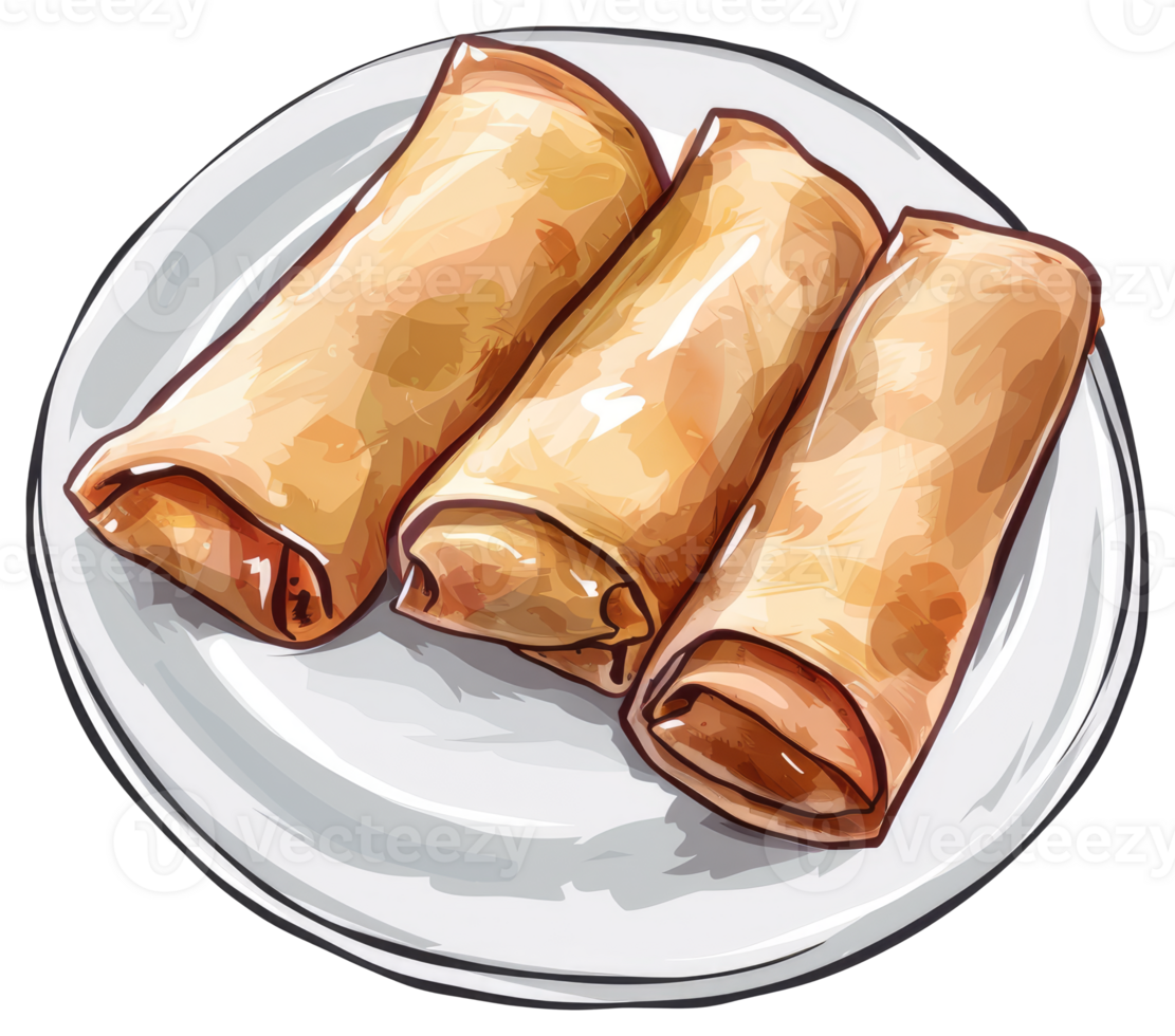 Three golden brown spring rolls are plated neatly together png