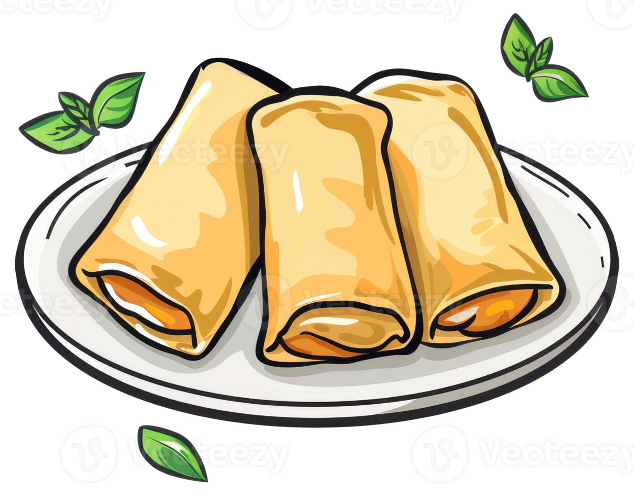 Delicious golden spring rolls served with green basil leaves on a plate png
