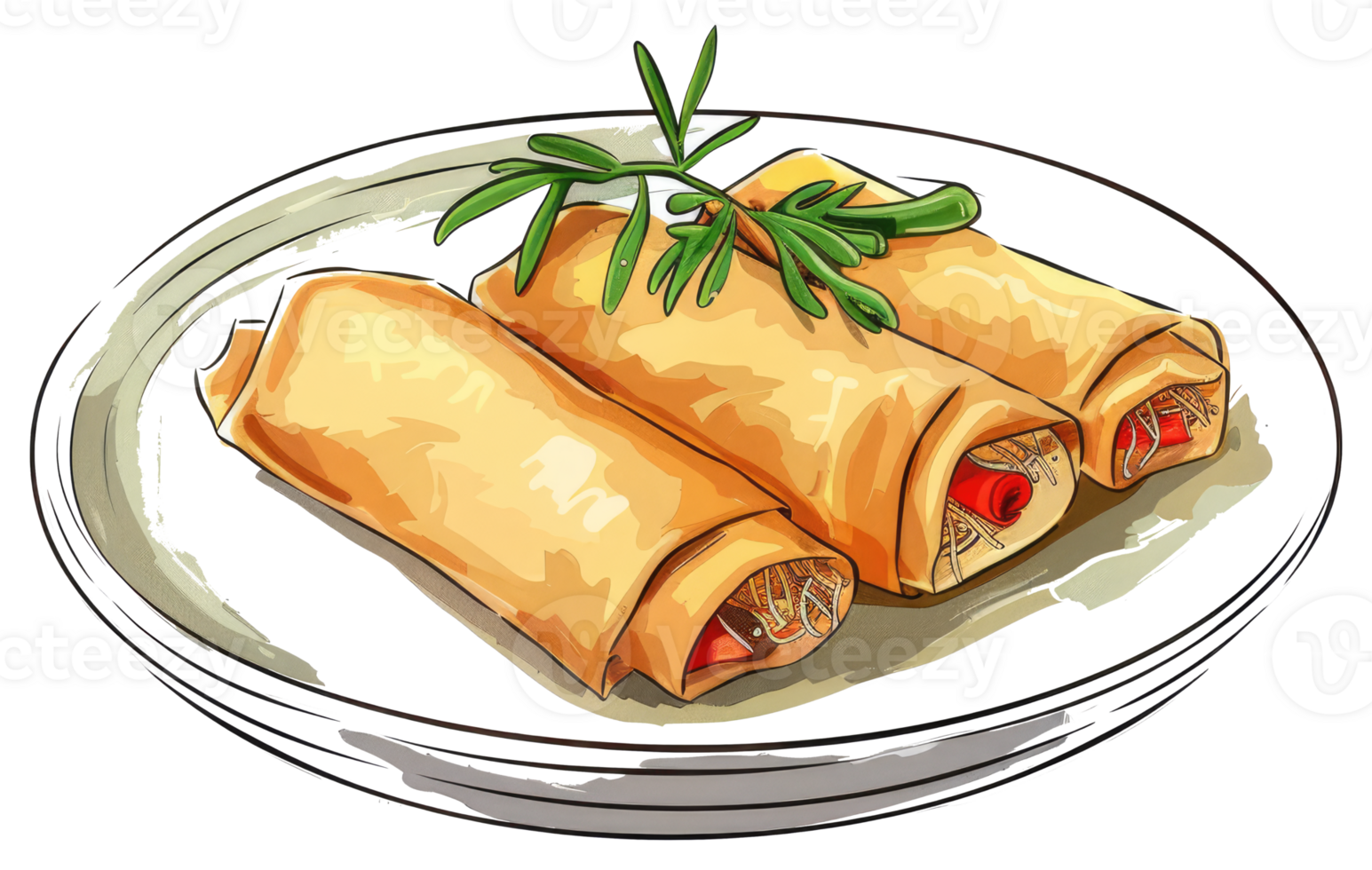 Three spring rolls on a white plate with greenery png