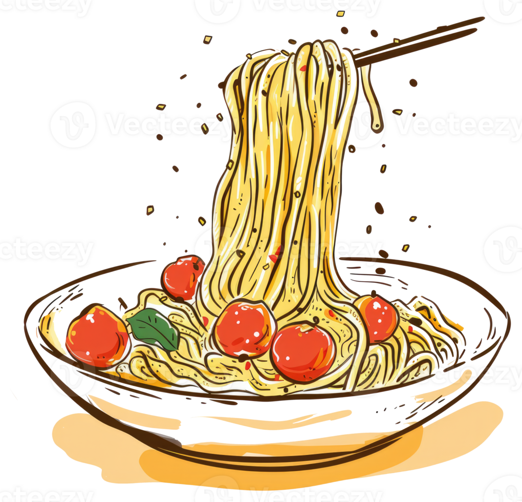 Illustrated bowl of noodles with meatballs and chopsticks reaching up png