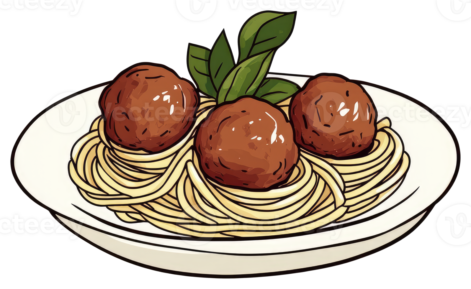 Spaghetti with meatballs and fresh basil leaves on a plate png