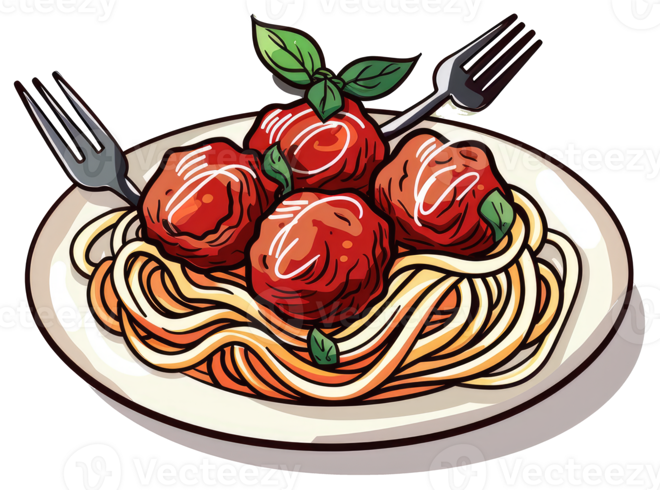 A delicious plate of spaghetti with tasty meatballs and basil png