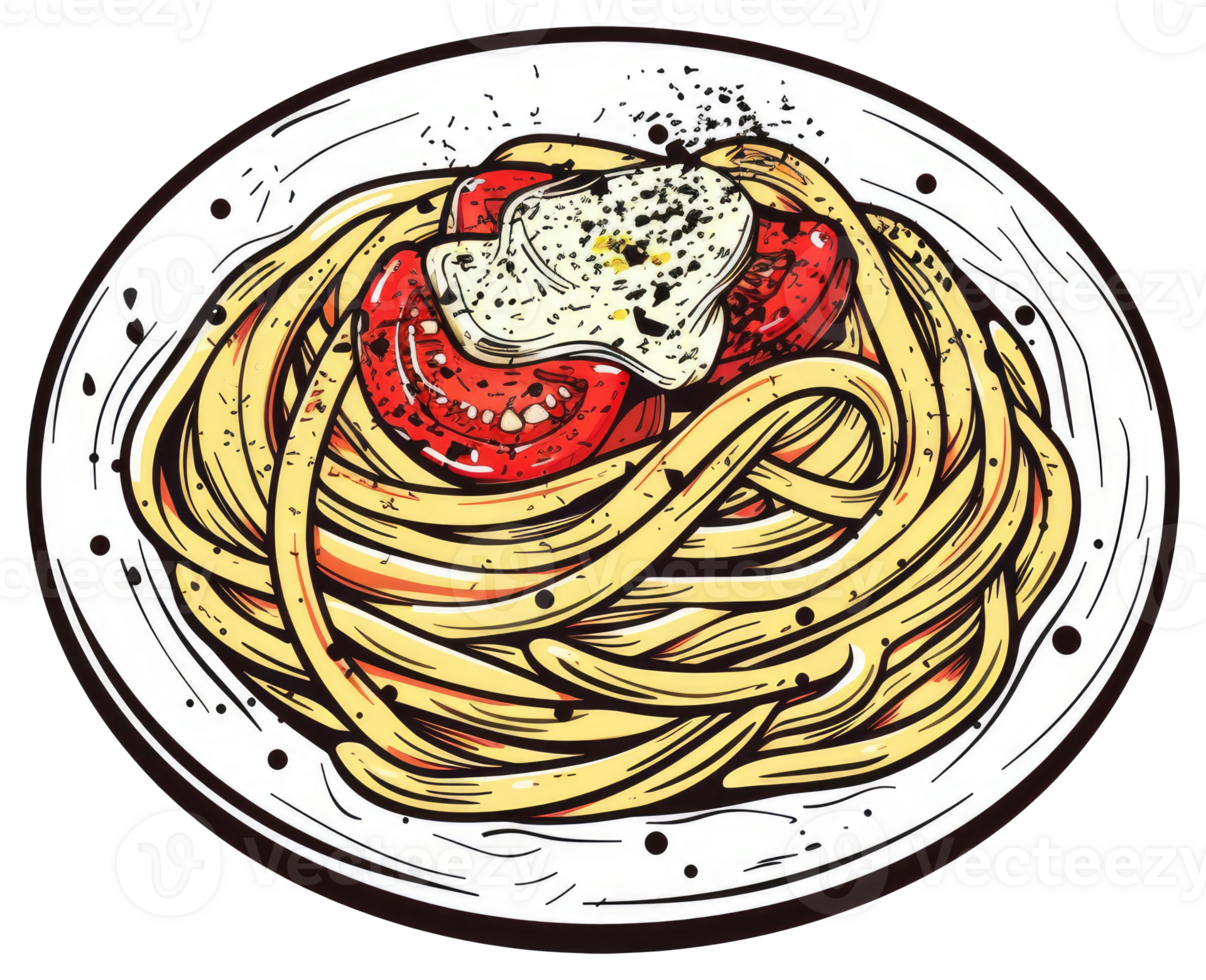 A plate of spaghetti with sauce and sliced tomatoes png